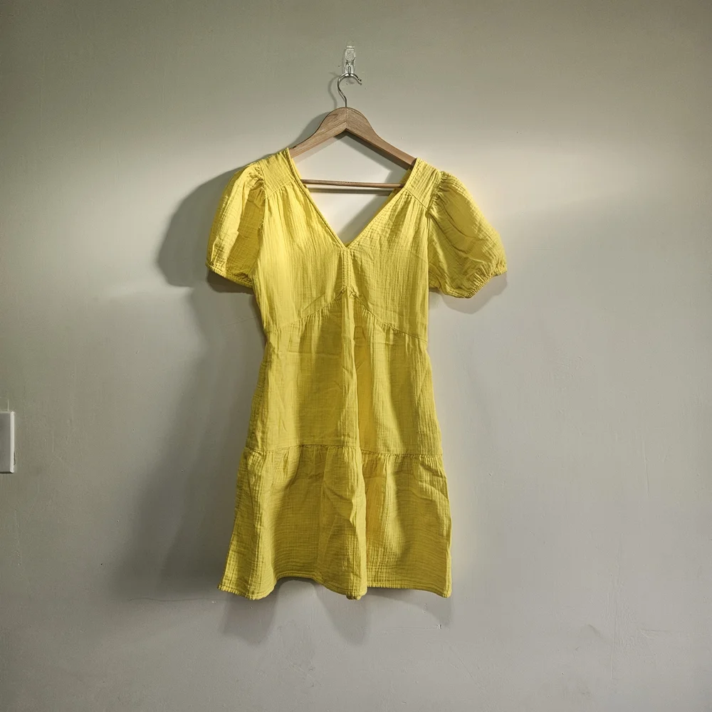 Brigth Yellow GAP crinkle gauze puff sleeved tiered mini dress size XS Festival - Picture 3 of 11